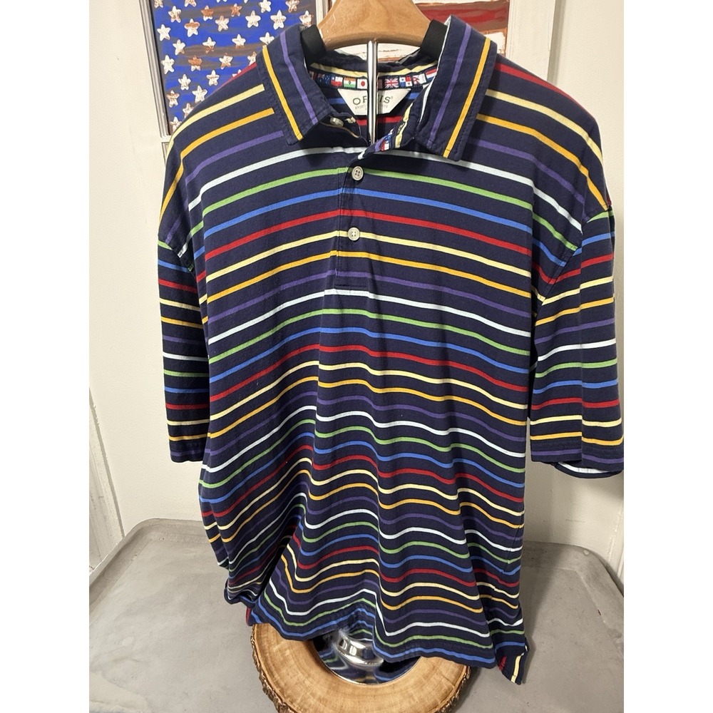 Orvis Mens Short Sleeve Polo Shirt Multicolor Striped XL Nations Themed‎